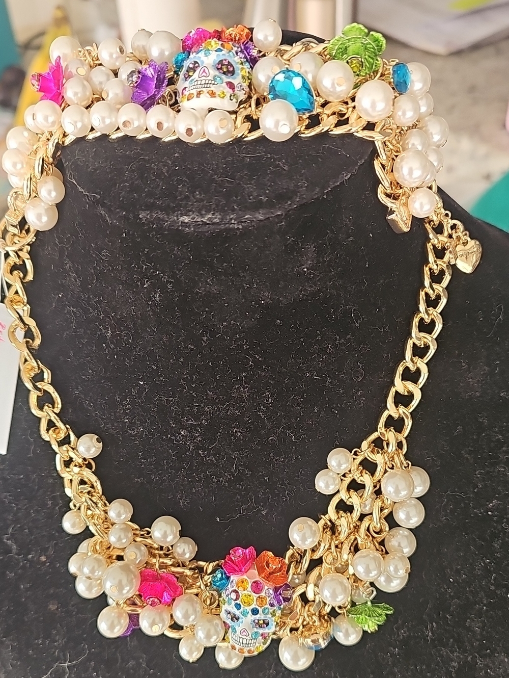 Betsey Johnson Gold-Tone Faux Pearl Multi-Color Sugar Skull Necklace & Bracelet!